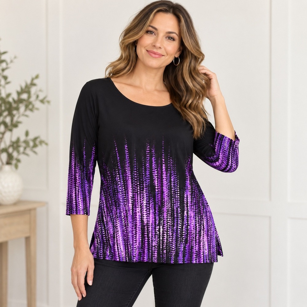 Susan Graver Tunic Top Liquid Knit XL Black Purple Abstract Drip Long Sleeve - Picture 3 of 10